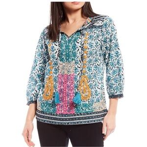 John Mark Embroidered Floral 3/4 Sleeve Tunic Top Turquoise Size Small